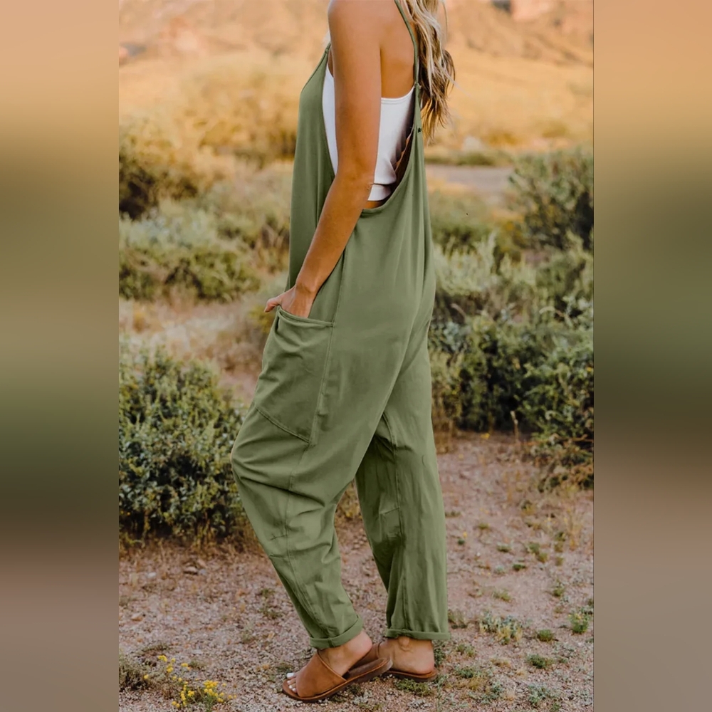 Oversized Hippie V-Neck Sleeveless Wide Leg Pant Pocket Jumpsuit Outfit Bohemian - Picture 1 of 10
